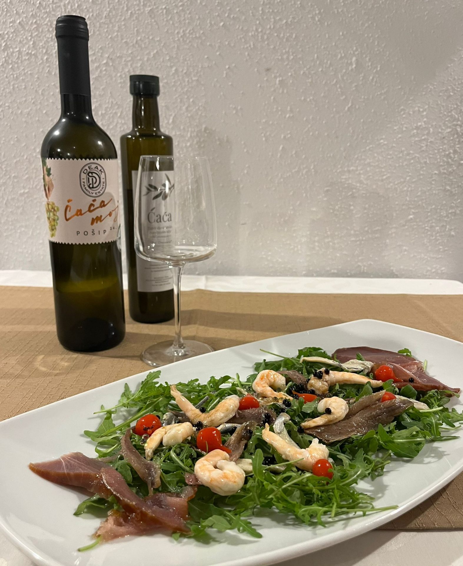 Seafood salad + wine
